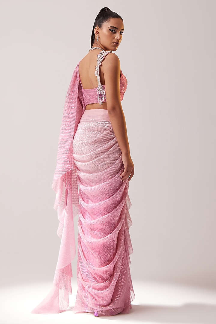 Dusty Pink Sequins Net Hand Embellished Draped Wedding Saree Set by SARTORIALE at Pernia's Pop Up Shop