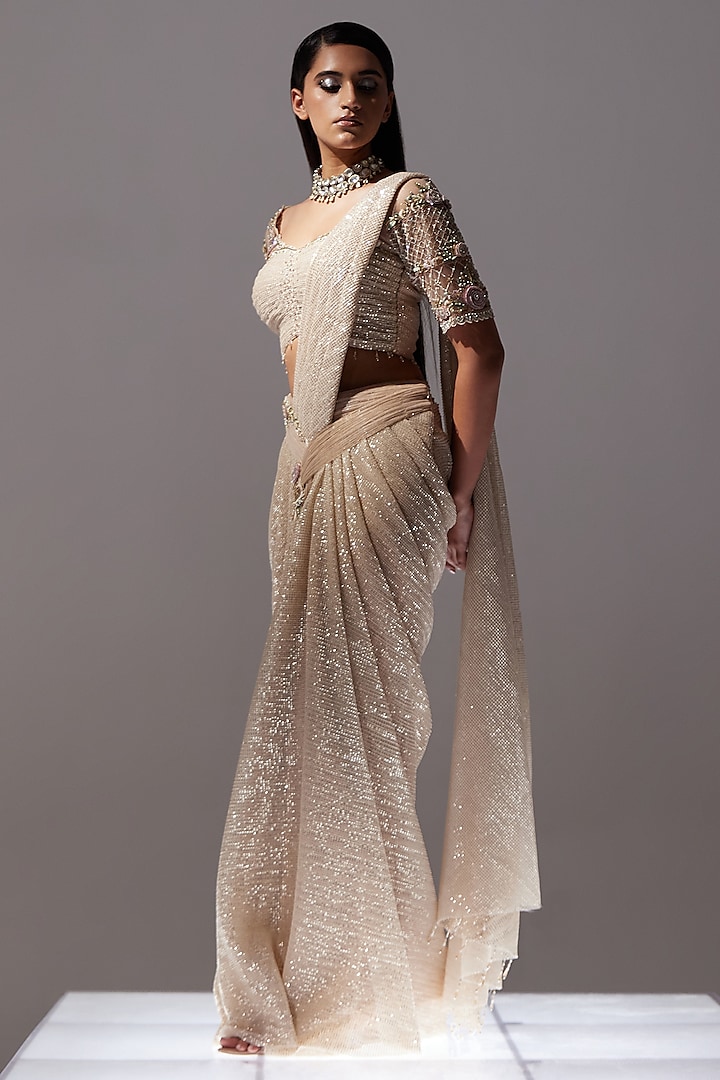 Gold Sequins Net Hand Embellished Draped Saree Set by SARTORIALE