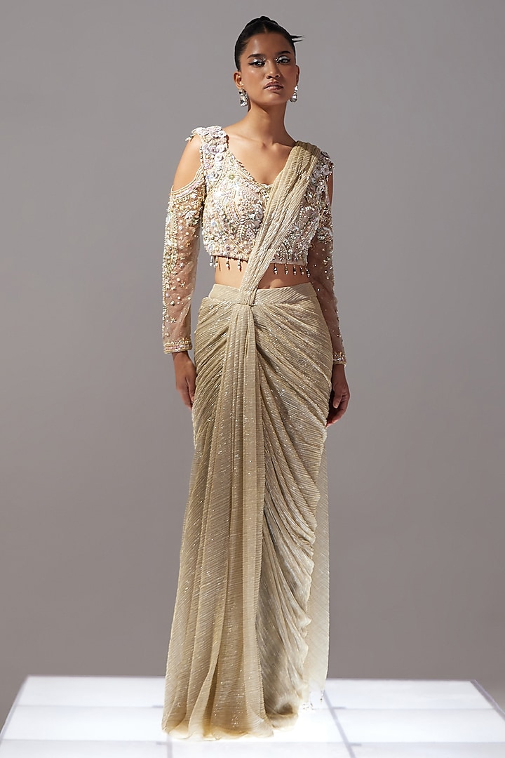 Light Gold Sequins Crinkle Lame Draped Saree Set by SARTORIALE
