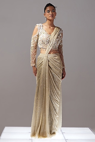 Light Gold Sequins Crinkle Lame Draped Saree Set by SARTORIALE