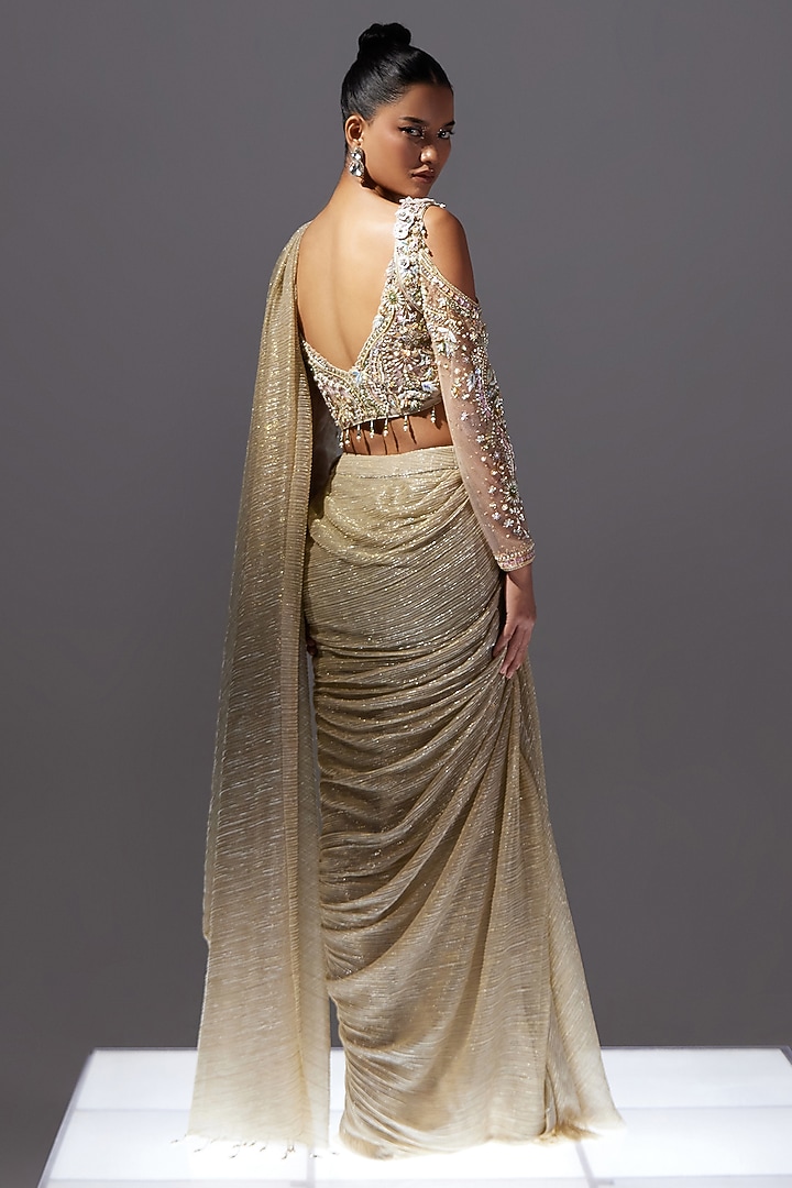 Light Gold Sequins Crinkle Lame Draped Wedding Saree Set by SARTORIALE at Pernia's Pop Up Shop