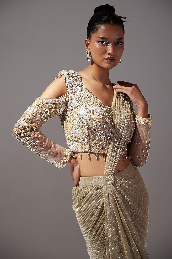 Light Gold Sequins Crinkle Lame Draped Wedding Saree Set by SARTORIALE at Pernia's Pop Up Shop