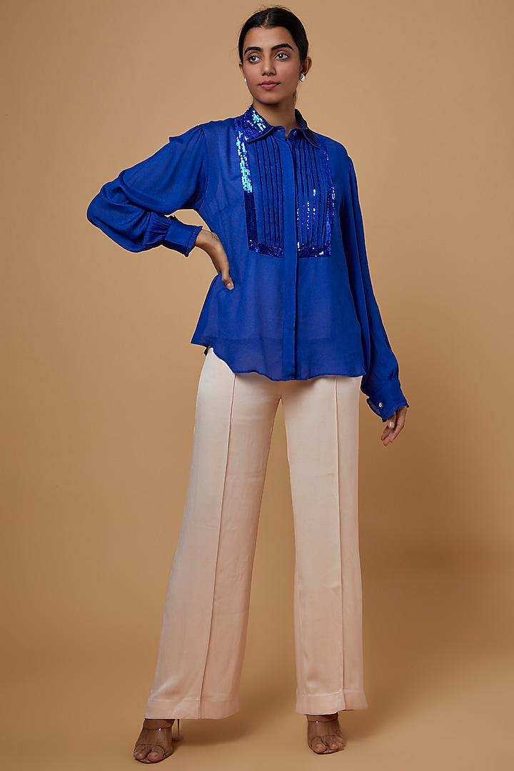 Blue Georgette Embroidered Shirt by SARTORIALE