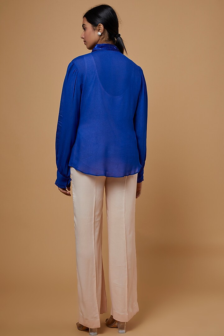 Blue Georgette Embroidered Shirt by SARTORIALE at Pernia's Pop Up Shop