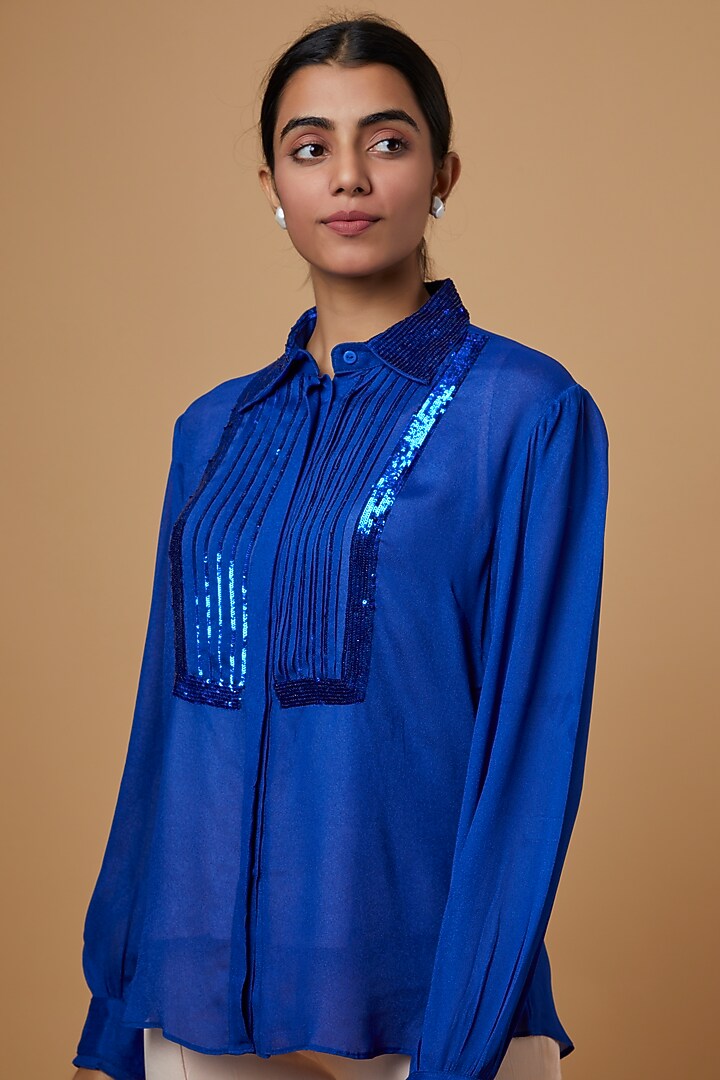 Blue Georgette Embroidered Shirt by SARTORIALE at Pernia's Pop Up Shop