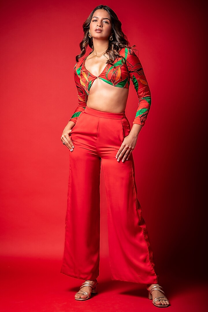 Red Modal Satin Pant Set by Sakshma Shetty at Pernia's Pop Up Shop