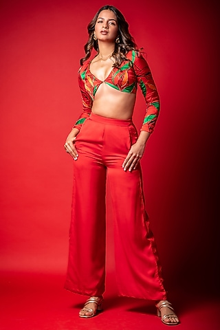 Red Modal Satin Pant Set by Sakshma Shetty