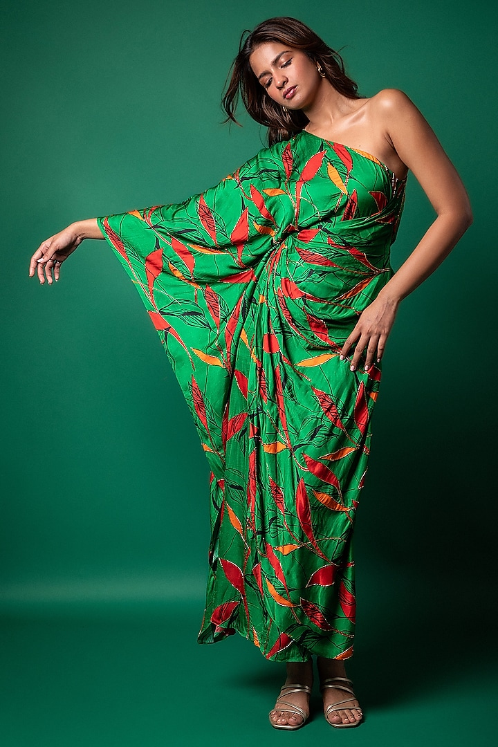 Jade Green Modal Satin Digital Printed One-Shoulder Kaftan by Sakshma Shetty at Pernia's Pop Up Shop