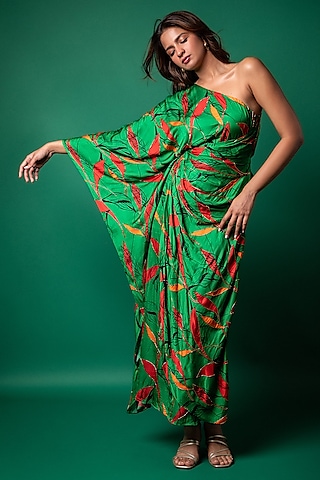 Jade Green Modal Satin Digital Printed One-Shoulder Kaftan by Sakshma Shetty