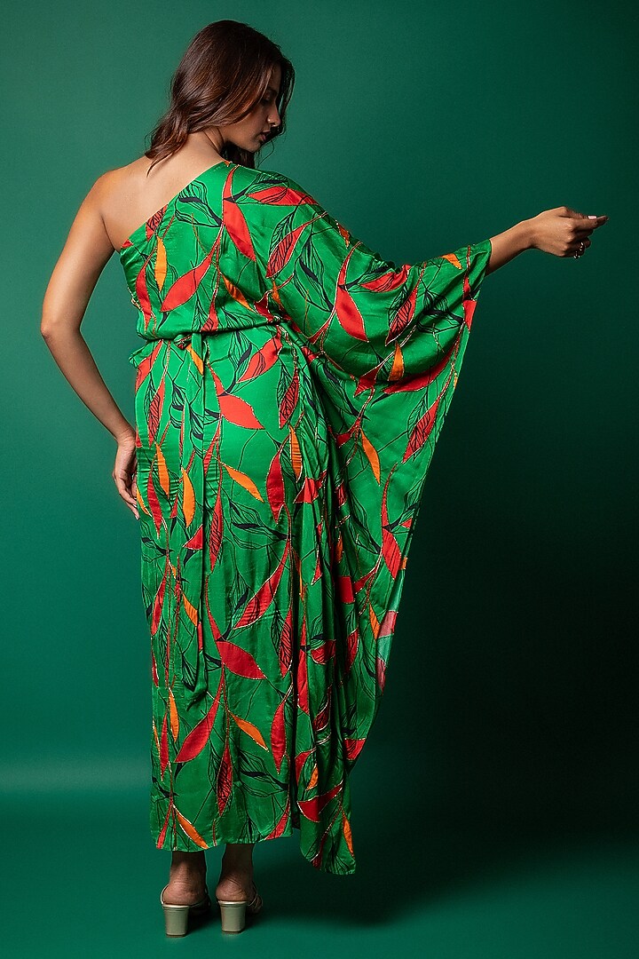 Jade Green Modal Satin Digital Printed One-Shoulder Kaftan by Sakshma Shetty at Pernia's Pop Up Shop