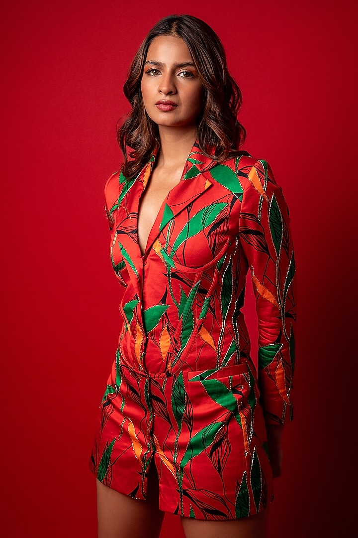 Red Modal Satin Digital Printed Blazer Dress by Sakshma Shetty at Pernia's Pop Up Shop