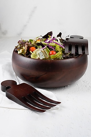 Walnut Polished Mango Wood Salad Bowl and Set of Servers by Sashays