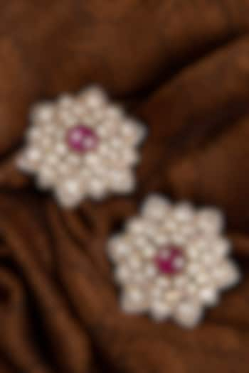 Gold Finish Ruby Stone & Kundan Polki Stud Earrings In Sterling Silver by Silver Art By Shri Paramani Jewels