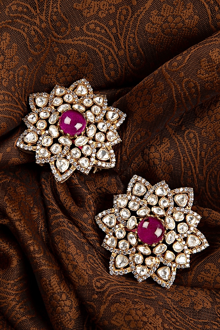 Gold Finish Ruby Stone & Kundan Polki Stud Earrings In Sterling Silver by Silver Art By Shri Paramani Jewels