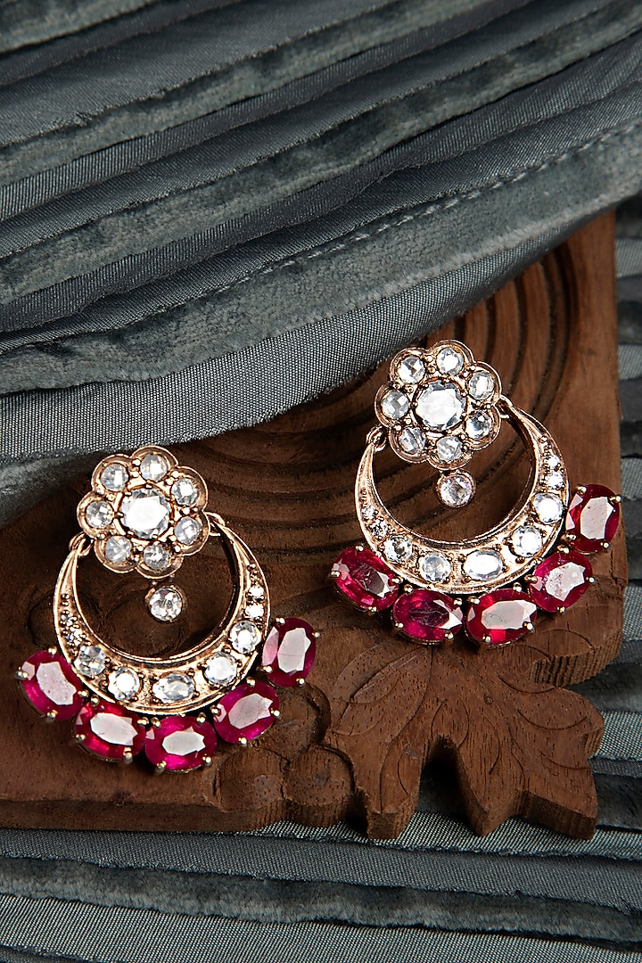 Gold Finish Ruby Stone & Moissanite Polki Stud Earrings In Sterling Silver by Silver Art By Shri Paramani Jewels