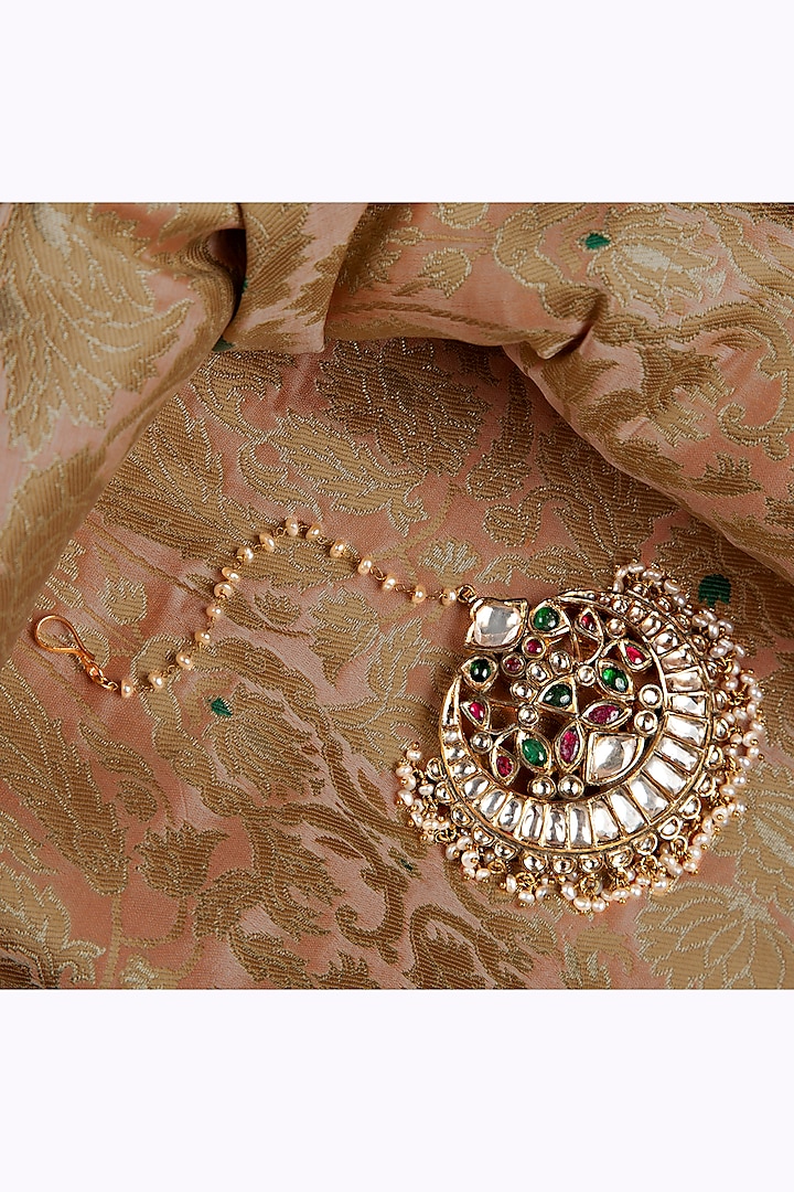 Gold Finish Kundan Polki & Multi-Colored Stone Maang Tikka In Sterling Silver by Silver Art By Shri Paramani Jewels