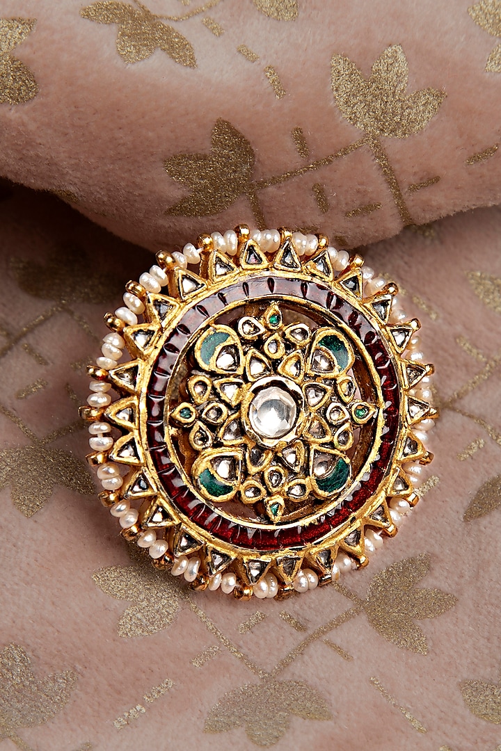 Gold Finish Kundan Polki & Multi-Colored Stone Ring In Sterling Silver by Silver Art By Shri Paramani Jewels