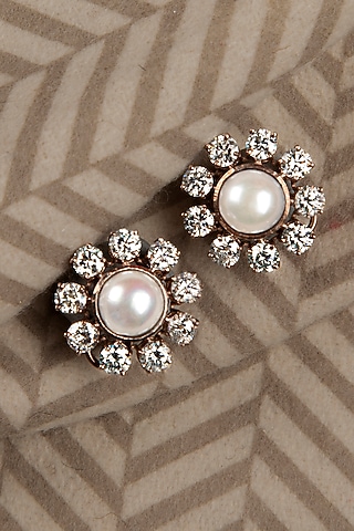 Gold Finish Moissanite Polki Stud Earrings In Sterling Silver by Silver Art By Shri Paramani Jewels