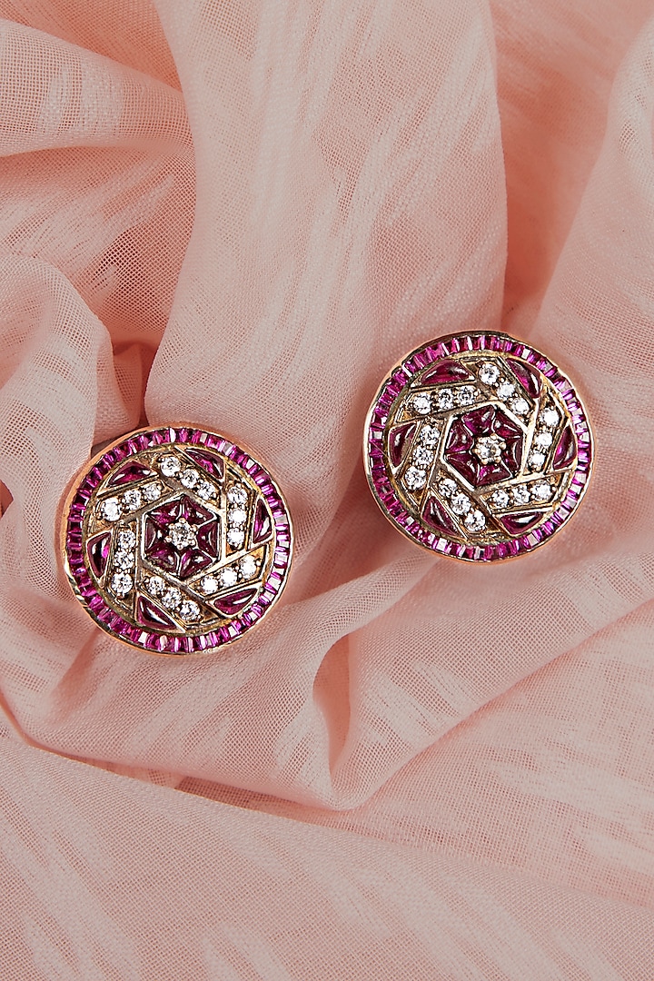 Gold Finish Ruby Stone & Kundan Polki Stud Earrings In Sterling Silver by Silver Art By Shri Paramani Jewels
