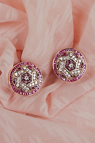 Gold Finish Ruby Stone & Kundan Polki Stud Earrings In Sterling Silver by Silver Art By Shri Paramani Jewels