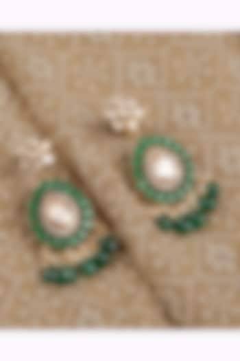 Gold Finish Green Stone & Kundan Polki Dangler Earrings In Sterling Silver by Silver Art By Shri Paramani Jewels
