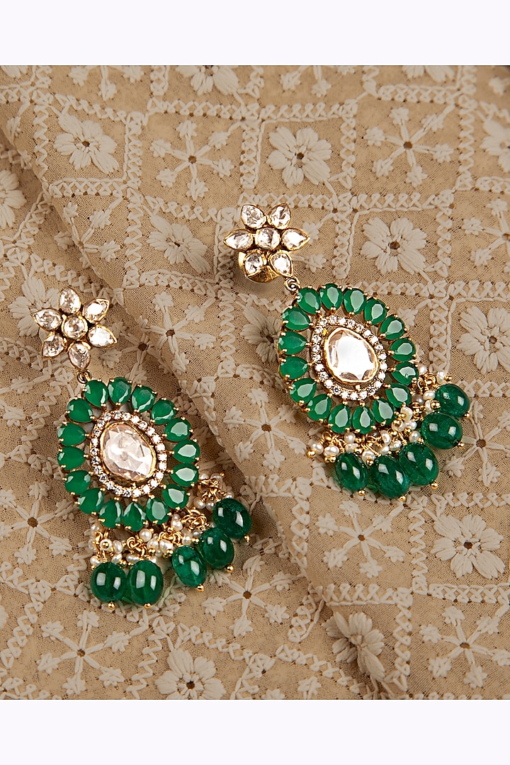 Gold Finish Green Stone & Kundan Polki Dangler Earrings In Sterling Silver by Silver Art By Shri Paramani Jewels
