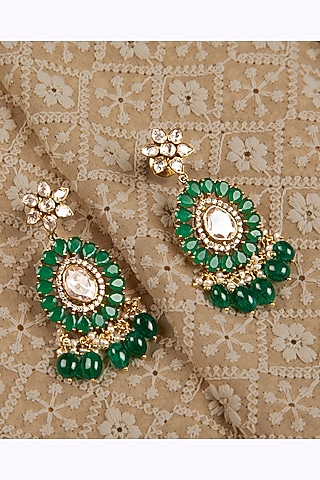 Gold Finish Green Stone & Kundan Polki Dangler Earrings In Sterling Silver by Silver Art By Shri Paramani Jewels