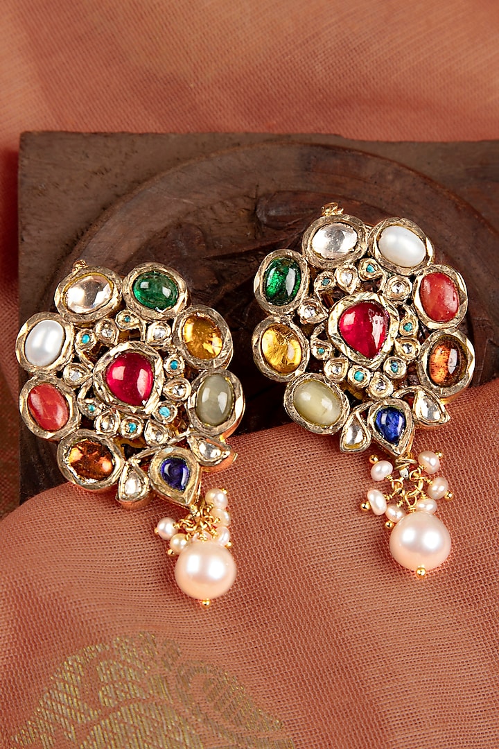 Gold Finish Navratna Stone Dangler Earrings In Sterling Silver by Silver Art By Shri Paramani Jewels