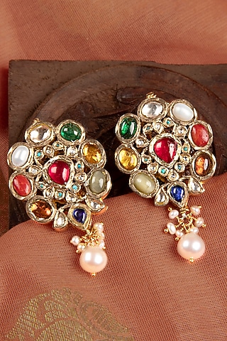 Gold Finish Navratna Stone Dangler Earrings In Sterling Silver by Silver Art By Shri Paramani Jewels