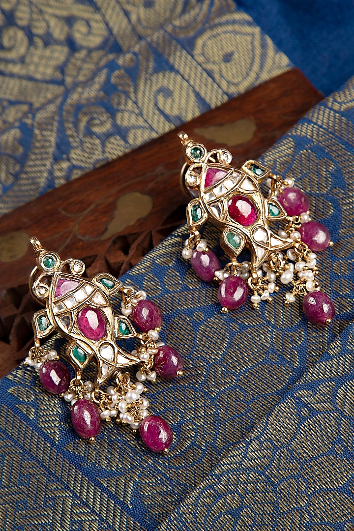 Gold Finish Pink Stone & Kundan Polki Dangler Earrings In Sterling Silver by Silver Art By Shri Paramani Jewels