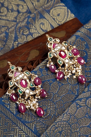 Gold Finish Pink Stone & Kundan Polki Dangler Earrings In Sterling Silver by Silver Art By Shri Paramani Jewels