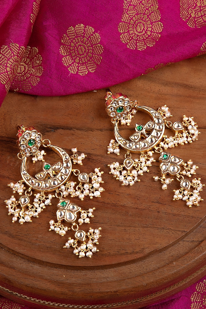 Gold Finish Pearl & Multi-Colored Stone Dangler Earrings In Sterling Silver by Silver Art By Shri Paramani Jewels