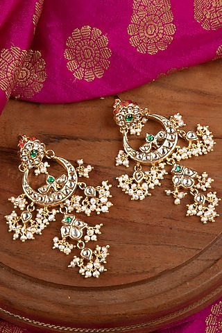 Gold Finish Pearl & Multi-Colored Stone Dangler Earrings In Sterling Silver by Silver Art By Shri Paramani Jewels