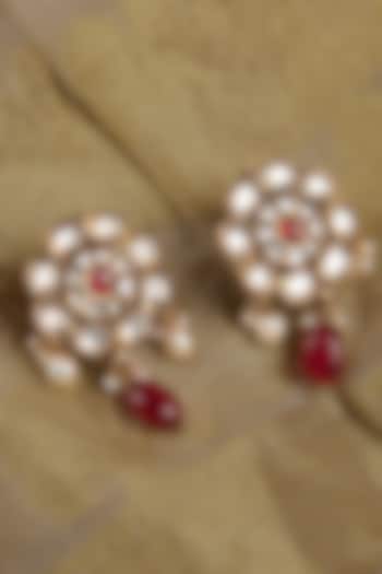 Gold Finish Kundan Polki & Ruby Drop Dangler Earrings In Sterling Silver by Silver Art By Shri Paramani Jewels