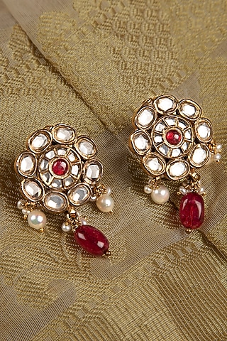 Gold Finish Kundan Polki & Ruby Drop Dangler Earrings In Sterling Silver by Silver Art By Shri Paramani Jewels