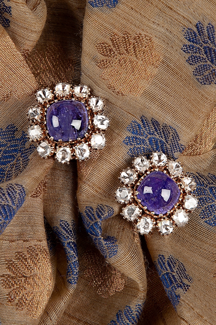 Gold Finish Blue Sapphire Stone & Kundan Polki Stud Earrings In Sterling Silver by Silver Art By Shri Paramani Jewels