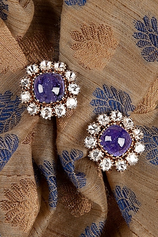 Gold Finish Blue Sapphire Stone & Kundan Polki Stud Earrings In Sterling Silver by Silver Art By Shri Paramani Jewels
