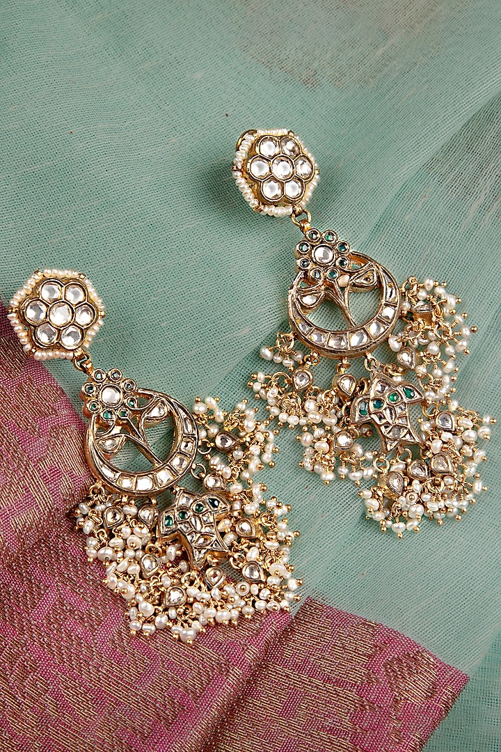 Gold Finish Kundan Polki & Pearl Jhumka Earrings In Sterling Silver by Silver Art By Shri Paramani Jewels