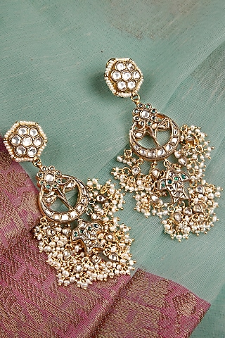Gold Finish Kundan Polki & Pearl Jhumka Earrings In Sterling Silver by Silver Art By Shri Paramani Jewels