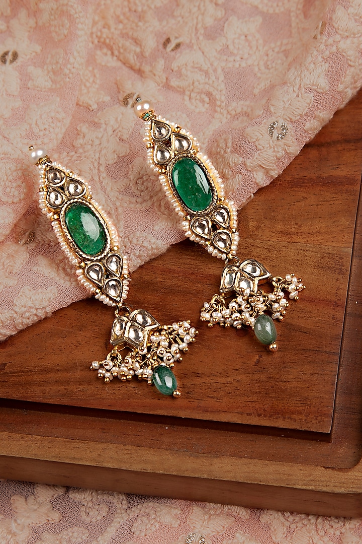 Gold Finish Kundan Polki & Emerald Stone Dangler Earrings In Sterling Silver by Silver Art By Shri Paramani Jewels