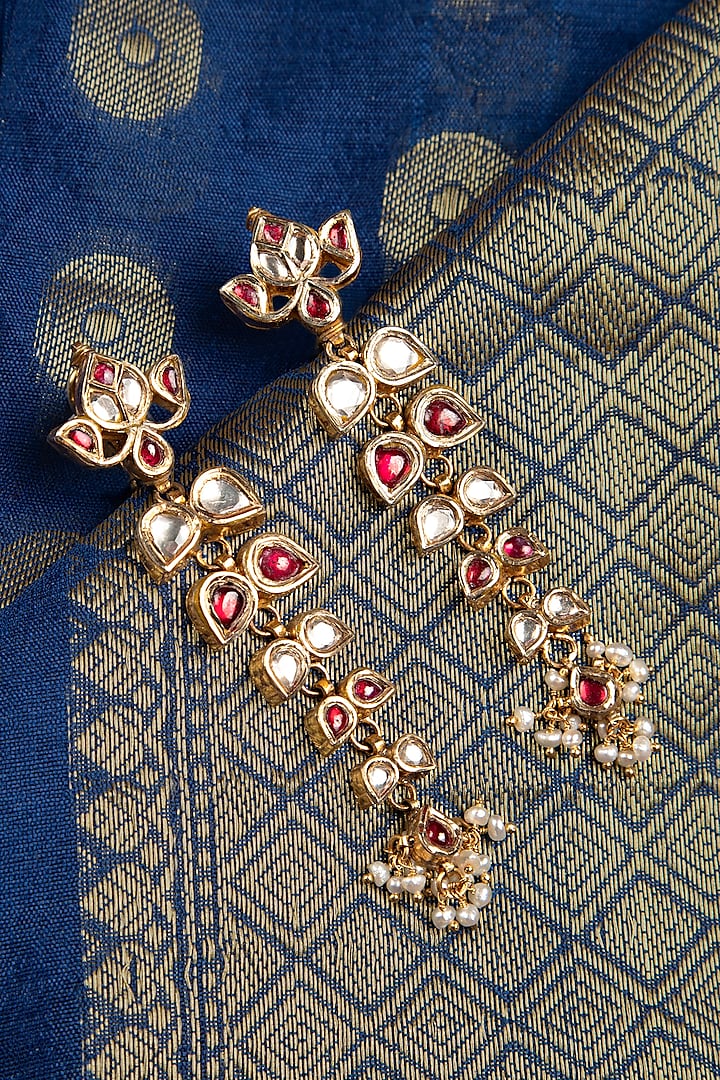 Gold Finish Kundan Polki & Ruby Stone Dangler Earrings In Sterling Silver by Silver Art By Shri Paramani Jewels