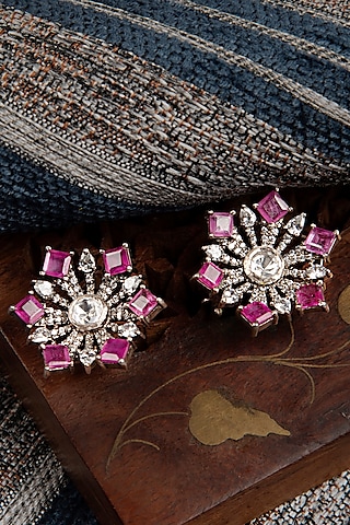 Gold Finish Kundan Polki & Ruby Stone Stud Earrings In Sterling Silver by Silver Art By Shri Paramani Jewels