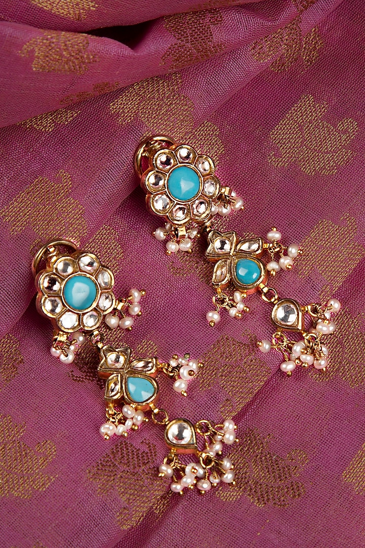 Two-Tone Finish Pearl & Turquoise Stone Dangler Earrings In Sterling Silver by Silver Art By Shri Paramani Jewels