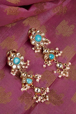 Two-Tone Finish Pearl & Turquoise Stone Dangler Earrings In Sterling Silver by Silver Art By Shri Paramani Jewels