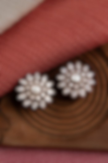 Gold Finish Moissanite Polki Stud Earrings In Sterling Silver by Silver Art By Shri Paramani Jewels at Pernia's Pop Up Shop
