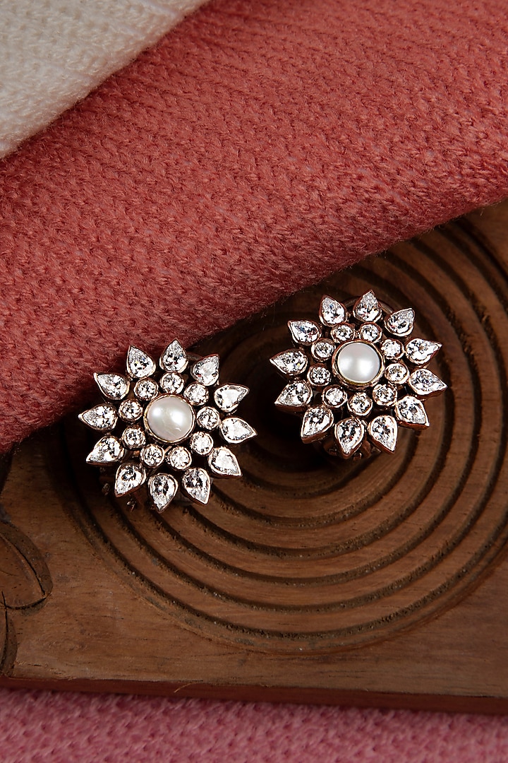 Gold Finish Moissanite Polki Stud Earrings In Sterling Silver by Silver Art By Shri Paramani Jewels at Pernia's Pop Up Shop