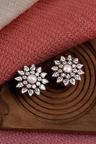 Gold Finish Moissanite Polki Stud Earrings In Sterling Silver by Silver Art By Shri Paramani Jewels