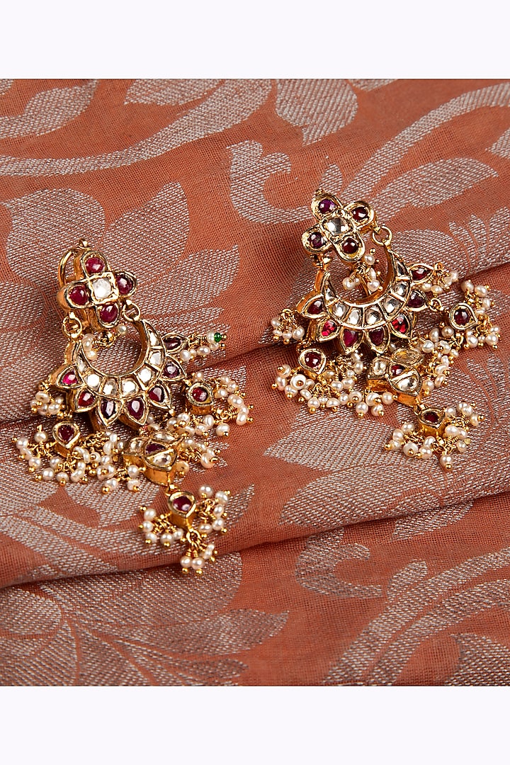 Gold Finish Pearl & Multi-Colored Stone Dangler Earrings In Sterling Silver by Silver Art By Shri Paramani Jewels