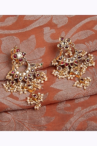 Gold Finish Pearl & Multi-Colored Stone Dangler Earrings In Sterling Silver by Silver Art By Shri Paramani Jewels
