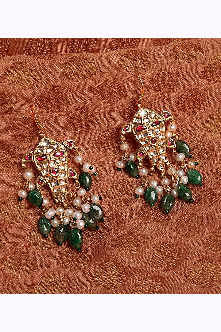 Gold Finish Kundan Polki & Emerald Stone Stud Earrings In Sterling Silver by Silver Art By Shri Paramani Jewels